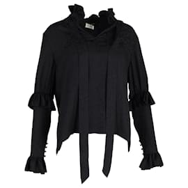 Saint Laurent-Saint Laurent Mock-Neck Ruffled Long-Sleeve Blouse in Black Silk-Black