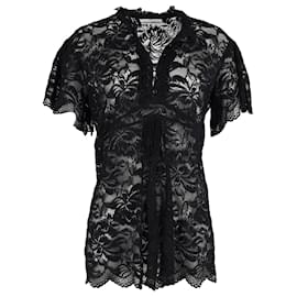 Paco Rabanne-Paco Rabanne Floral Lace Short-Sleeve Top in Black Polyamide-Black