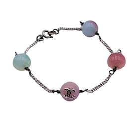 Chanel-Vintage Silver Metal Multicolored Beads CC Logo Bracelet-Multiple colors