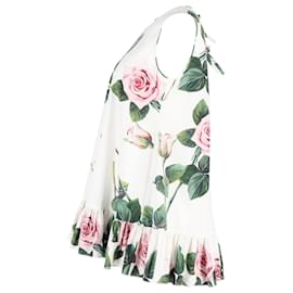 Dolce & Gabbana-Dolce & Gabbana Top con volantes y estampado de rosas en algodón blanco-Blanco