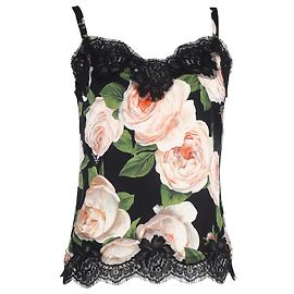 Canotta floreale con bordi in pizzo Dolce & Gabbana in seta nera Nero