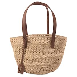 Saint Laurent-Saint Laurent Brown Small Raffia Panier Tote-Brown,Beige