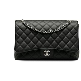 Chanel-Chanel Preto Maxi Clássico Aba forrada Caviar-Preto
