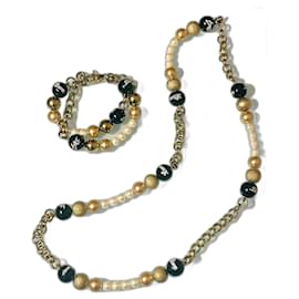 Dolce & Gabbana-DOLCE & GABBANA Conjunto de collar y pulsera de acero bañado en oro con perlas de oro blanco y negro-Dorado