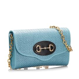 Gucci-Blue Gucci Horsebit 1955 Raffia Chain Bag-Blue
