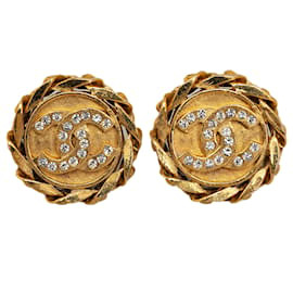 Chanel-Chanel Gold CC Rhinestone Clip on Earrings-Golden