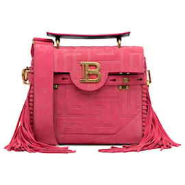 Balmain-Balmain Pink Fringed Embossed Suede B-Buzz 23 Handle bag-Pink