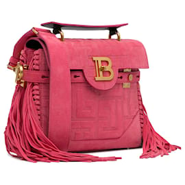 Balmain-Balmain Pink Fringed Embossed Suede B-Buzz 23 Handle bag-Pink