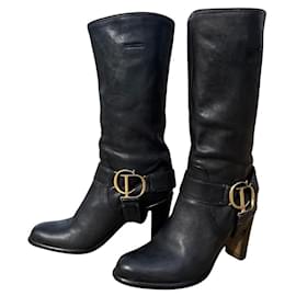 Christian Dior-Dior black leather monogram logo calf-length boots with CD buckle, Saddle model, Size 37.-Black,Gold hardware