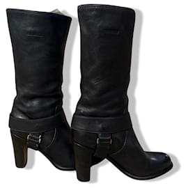 Christian Dior-Dior black leather monogram logo calf-length boots with CD buckle, Saddle model, Size 37.-Black,Gold hardware