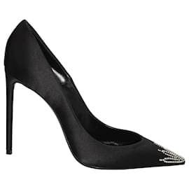 Saint Laurent-Zapatos de tacón con adornos de cristal Zoe de Saint Laurent en satén negro-Negro