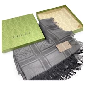 Gucci-Grey Wool Silk GG ssima Survive Scarf Shawl Wrap-Grey