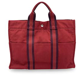 Hermès-Hermes Paris Vintage Red Canvas Cotton cabas MM Bag Tote-Rouge