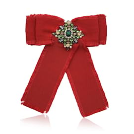 Gucci-Red Grosgrain Bow Brooch Pin with Green Crystals-Red