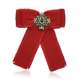Gucci Rote Ripsband-Brosche mit grünen Kristallen Rot