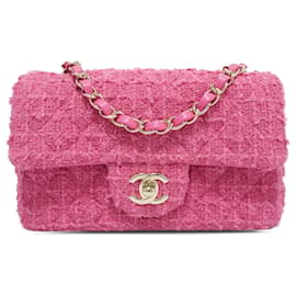 Chanel-Borsa Chanel con patta rettangolare mini classica in tweed rosa-Rosa