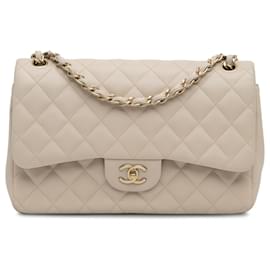Chanel-Chanel Brown Classic Jumbo Lambskin Leather Single Flap Bag-Brown,Beige