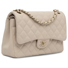 Chanel-Chanel Braune klassische Jumbo-Tasche aus Lammleder mit Einzelklappe-Braun,Beige