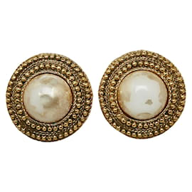 Chanel-Boucles d'oreilles rondes à clips avec fausses perles-Doré