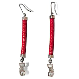 Dolce & Gabbana-DOLCE & GABBANA earrings in steel and red leather with “croco” print,-Red