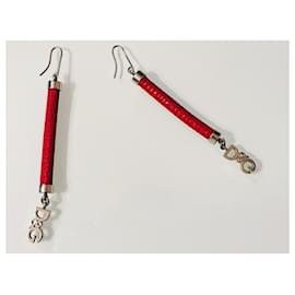 Dolce & Gabbana-DOLCE & GABBANA earrings in steel and red leather with “croco” print,-Red