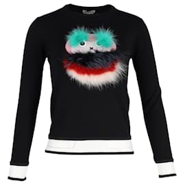 Fendi-Fendi Lamb Fur-Trimmed Bug-Eye Monster Sweater in Black Cotton-Black