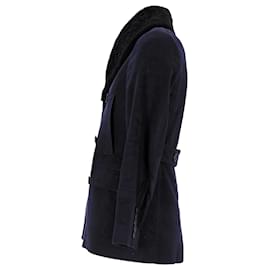 Burberry-Burberry London Bateson Pea Coat With Shearling Collar in Navy Blue Viscose-Blue,Navy blue