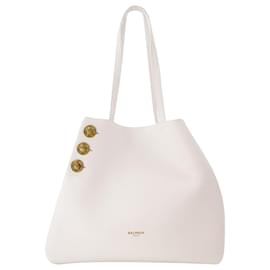 Balmain-Embleme Shopper Bag - Balmain - Leather - White-White