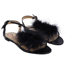 Charlotte Olympia-Charlotte Olympia Fifi Feather-Trimmed Sandals in Black Leather -Black