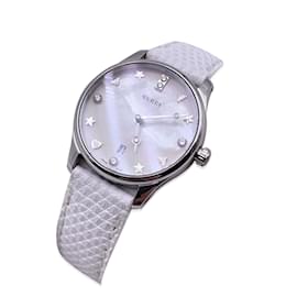 Gucci-Weiße G-Timeless Slim-Armbanduhr mit Diamant-Perlmutt-Zifferblatt-Weiß