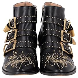 Chloé-Chloé Susanna Studded Buckled Ankle Boots in Black Leather-Black
