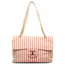 Chanel-Chanel White Striped Linen XXL Travel Flap Bag-White,Red