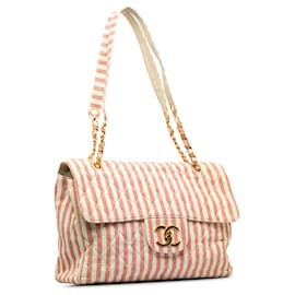 Chanel-Chanel White Striped Linen XXL Travel Flap Bag-White,Red