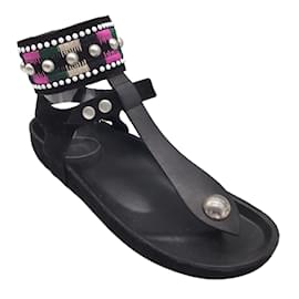 Autre Marque-Isabel Marant Black Multi Embellished Ankle Wrap Flat Suede Thong Sandals-Black