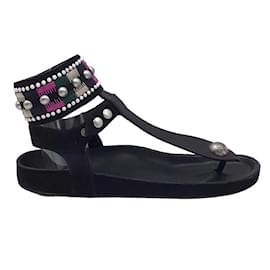 Autre Marque-Isabel Marant Black Multi Embellished Ankle Wrap Flat Suede Thong Sandals-Black