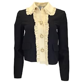 Autre Marque-Gucci Black / ivory 2016 GG Logo Pearl Buttoned Ruffled Wool and Silk Blazer-Black