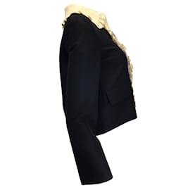 Autre Marque-Gucci Black / ivory 2016 GG Logo Pearl Buttoned Ruffled Wool and Silk Blazer-Black
