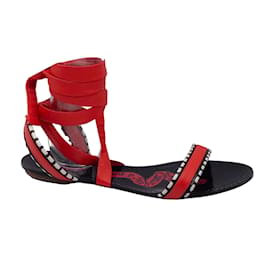 Autre Marque-ALAÏA Red / Black Mon Coeur Leather Ankle Wrap Flat Sandals-Red