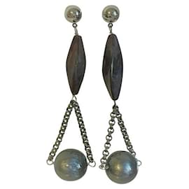 Dolce & Gabbana-DOLCE & GABBANA steel pendant earrings with anthracite gray semiprecious stones-Dark grey