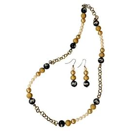 Dolce & Gabbana-Conjunto DOLCE & GABBANA de colar e brincos em aço dourado com pérolas brancas, ouro e preto-Dourado