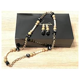 Dolce & Gabbana-DOLCE & GABBANA set of golden steel necklace and earrings with white pearls, gold and black-Golden