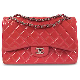 Chanel-Chanel Pink Jumbo Classic Patent lined Flap-Pink