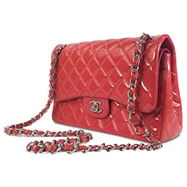 Chanel-Chanel Pink Jumbo Classic Patent lined Flap-Pink