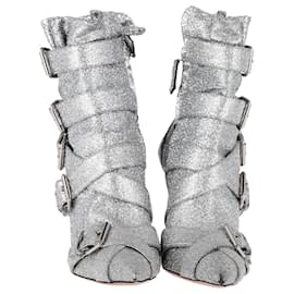 Aquazzura-Aquazzura Glitter Buckled Heeled Ankle Boots in Silver Canvas-Silvery