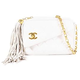 Chanel-Chanel White CC Lambskin Tassel Crossbody Bag-White