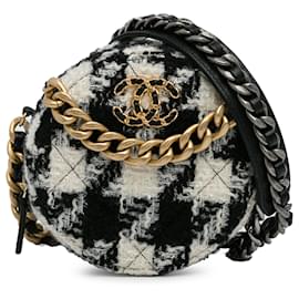 Chanel-Tweed rotondo nero Chanel 19 Pochette con catena e portamonete in pelle di agnello-Nero,Bianco