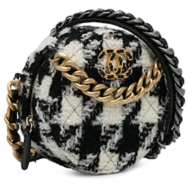 Chanel-Tweed rotondo nero Chanel 19 Pochette con catena e portamonete in pelle di agnello-Nero,Bianco