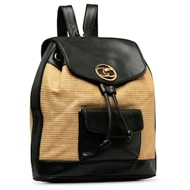 Chanel-Chanel Brown CC Raffiabast und Leder-Duma-Rucksack-Braun,Andere