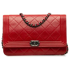 Chanel-Chanel Red Lambskin Boy Wallet On Chain-Red