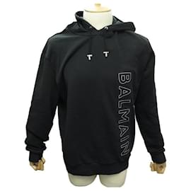 Balmain-FELPA CON CAPPUCCIO BALMAIN M LOGO M 50 MAGLIA NERA IN COTONE MAGLIA NERA CON CAPPUCCIO-Nero